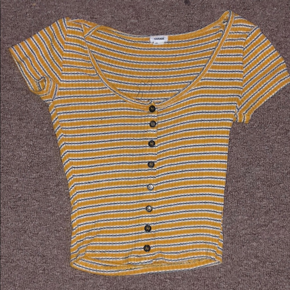 Yellow, Black, and white button-up crop top